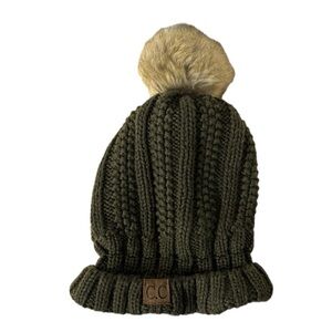 C.C Green Knit Winter Hat Warm Pompom Fuzzy Cozy Photo School Casual
